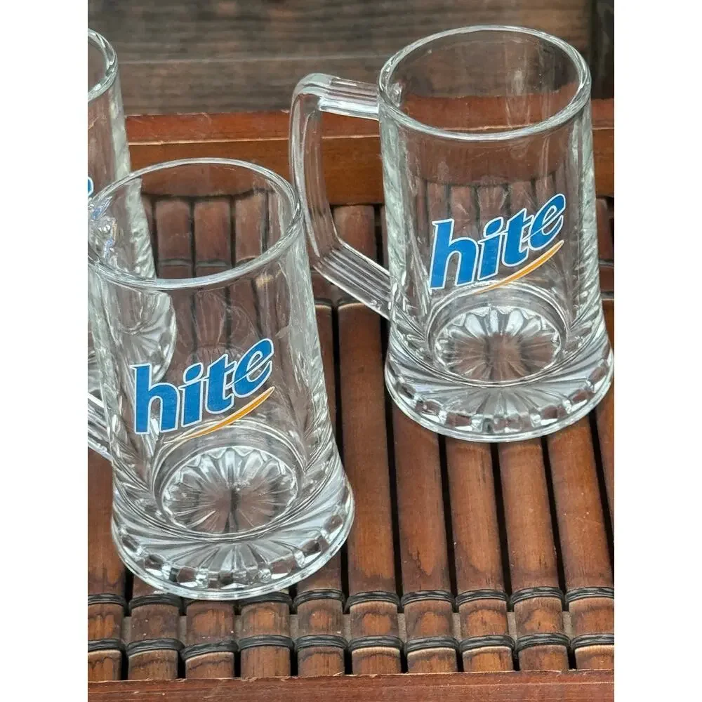 Vintage Hite Korean Beer Mugs Heavy Glass Stein Square Handle 5